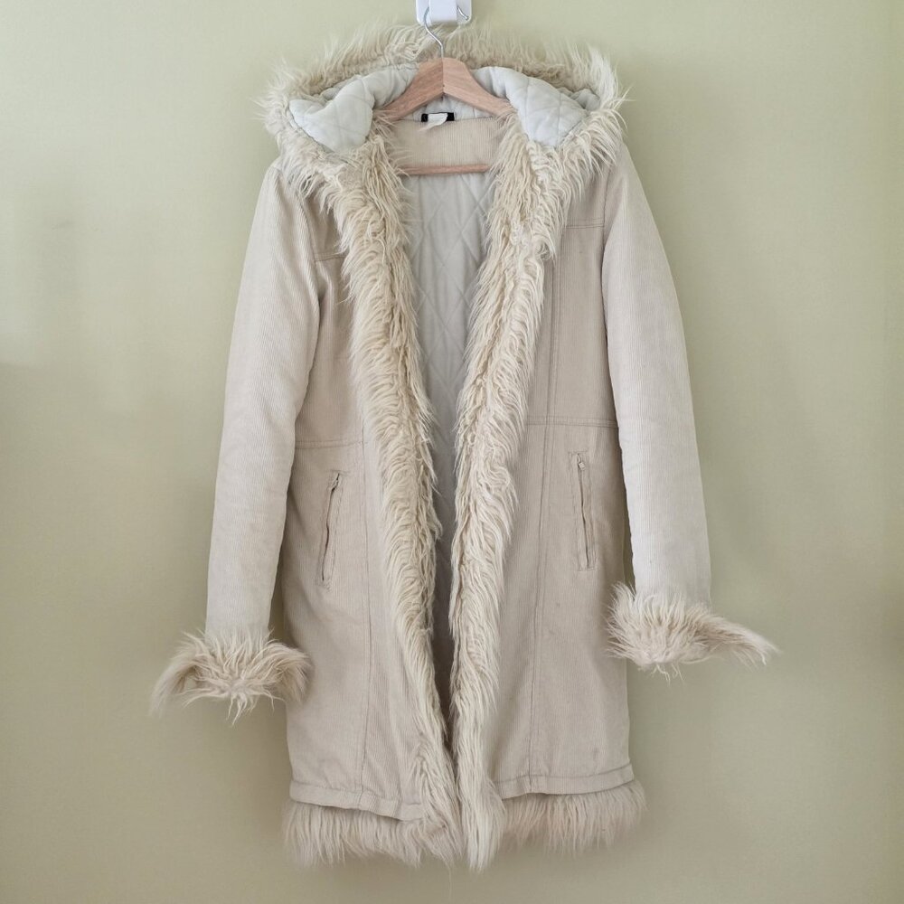 Women's Cream Faux Fur Trim Hooded Coat
